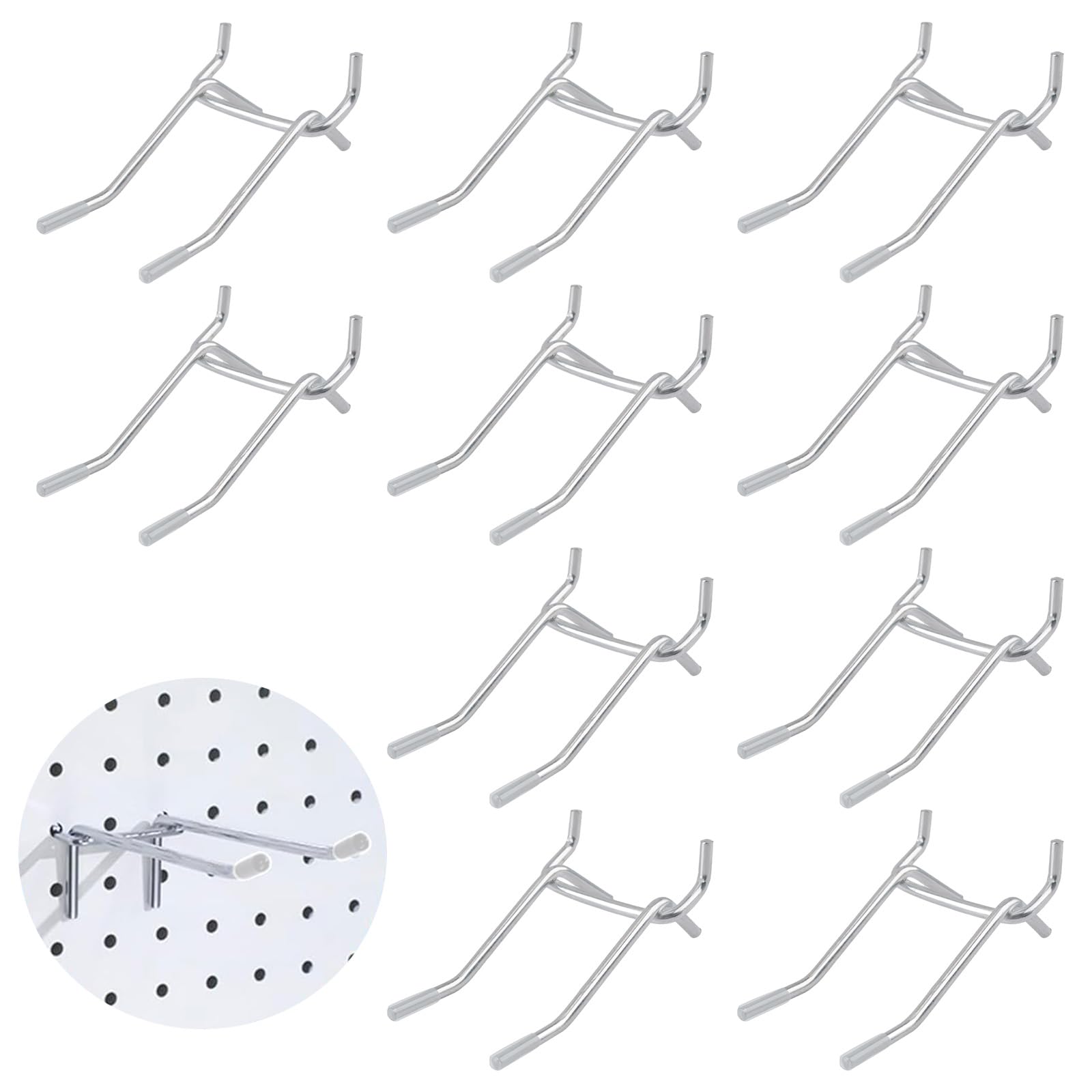 MOROBOR Double Arm Pegboard Hooks, 12 Pcs Heavy Duty Peg Board Hooks Fit 1/4 Peg Board for Kitchen Garage Tool Room with Clear Rubber Tip