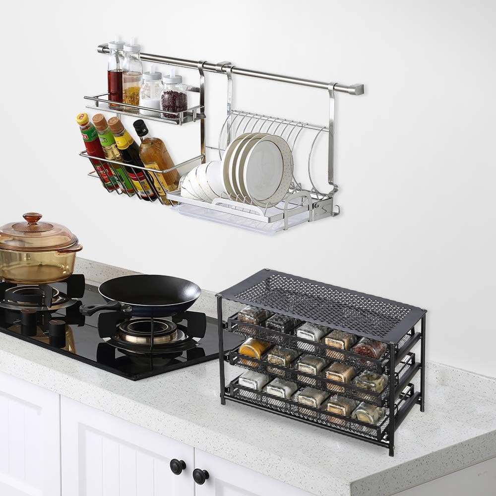 NEX 3-Tier Spice Rack 30 Bottle Standing Spice Drawer Storage Organizer for Kitchen Cabinet Countertop Dark Brown: Kitchen & Dining