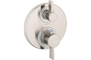 hansgrohe Ecostat S Modern Minimalist Volume and Auto Temperature Control 2-Handle Thermostatic Shower Valve Trim with Diverter in Brushed Nickel, 15758821