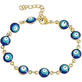 Edforce Stainless Steel Women's Charm Bracelet Green | Gold Enamel Evil Eye Protection Link Chain Adjustable, 8" (Aqua, Stainless-Steel-and-Gold)