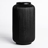 Matte Black Ceramic Flower Vase, 8 Inch Ribbed Vase for Pampas Grass, Fresh or Dried Flowers, Decorative Centerpiece for Living Room, Kitchen, Bookshelf, Office Decor