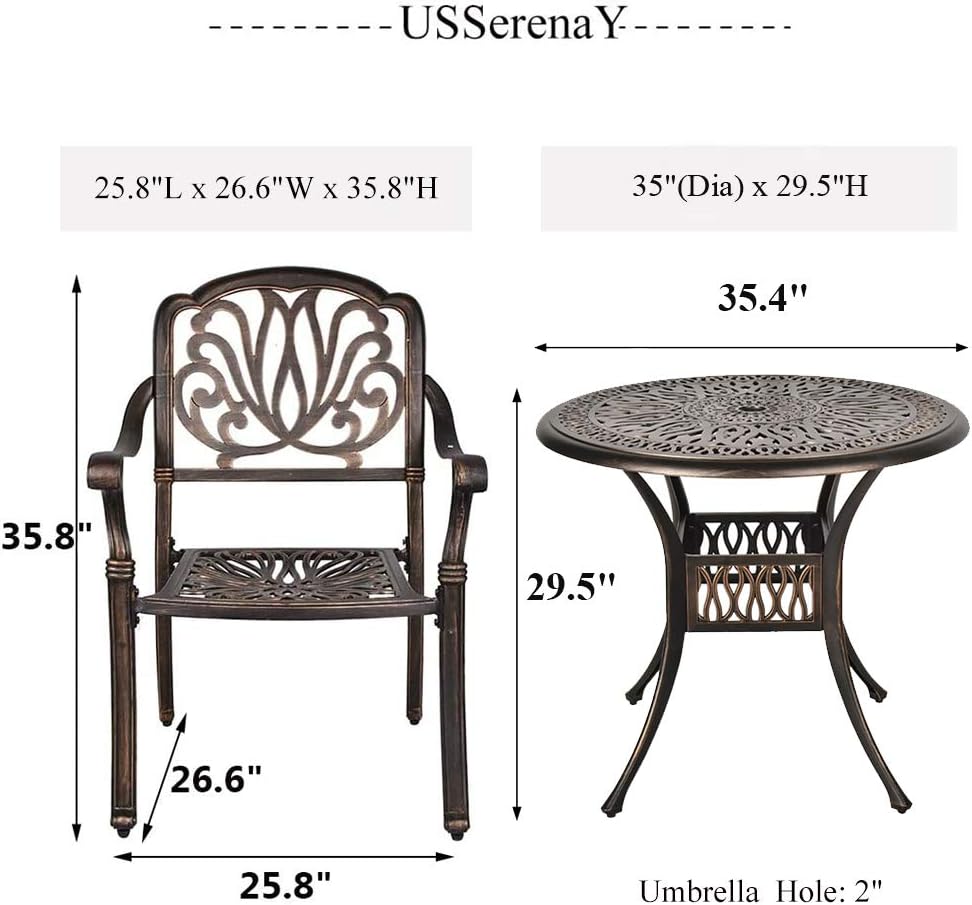 USSerenaY 3 Piece Cast Aluminum Bistro Set Outdoor Bistro Table Set Patio Furniture Sets with 2 Arm Chairs, Umbrella Hole, Antique Bronze Finish (2 Chairs + 1 Table Set): Garden & Outdoor