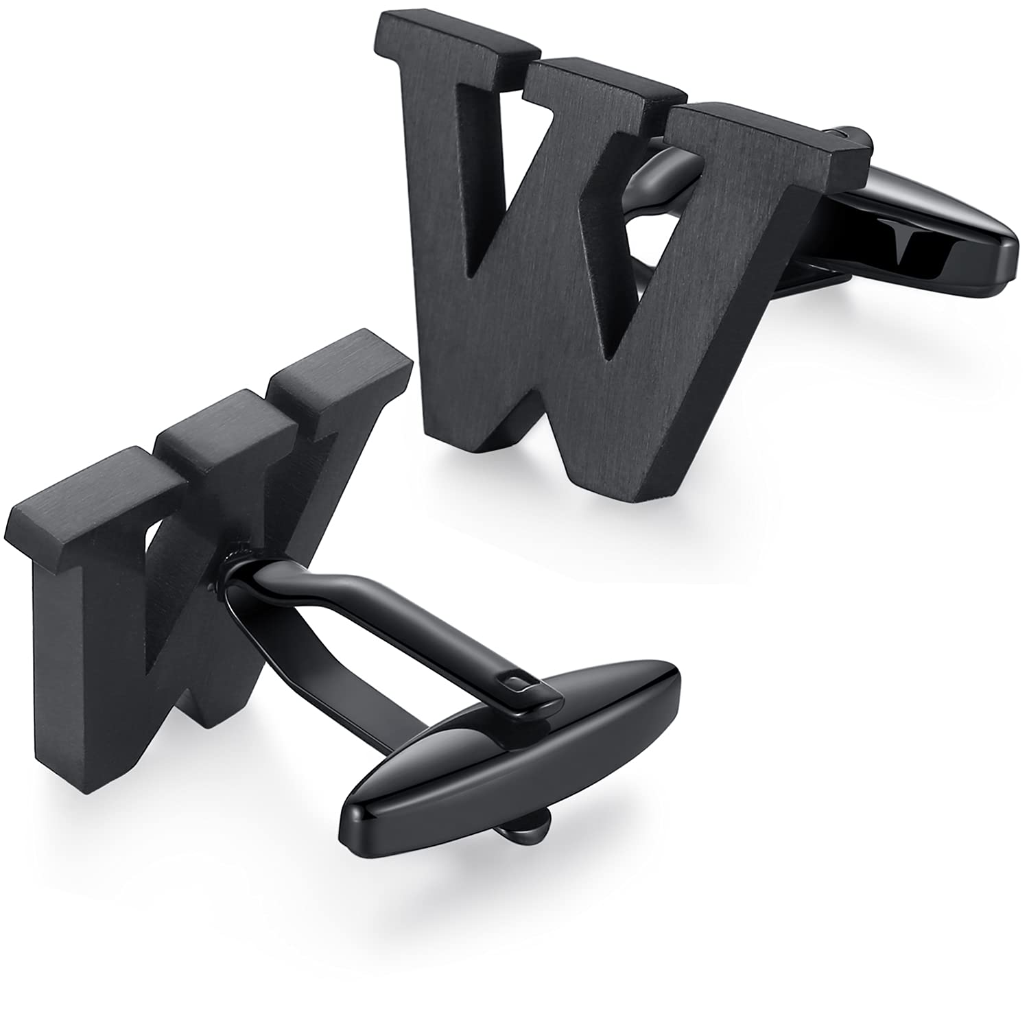 HONEY BEAR Mens Initial Alphabet Letter Cufflinks,Stainless Steel for Wedding Formal Business Gift(W-Black)