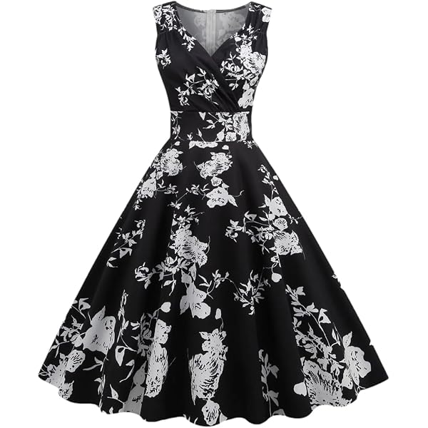 Women's Vintage Floral Flared A-Line Swing Casual Party Dresses Sleeveless  Rockabilly Pinup Audrey Hepburn Dress Black at Amazon Women's Clothing store