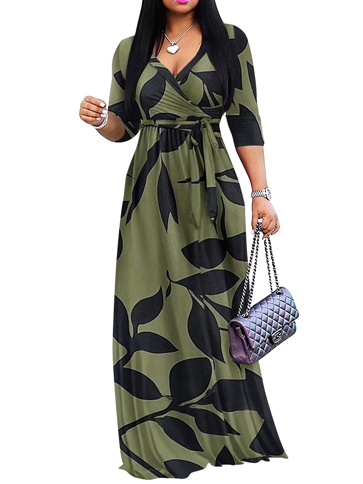 Photo 1 of Casual Floral Dresses for Women 2025 Plus Size Sexy Warp V Neck Summer Beach Dress with Pocket