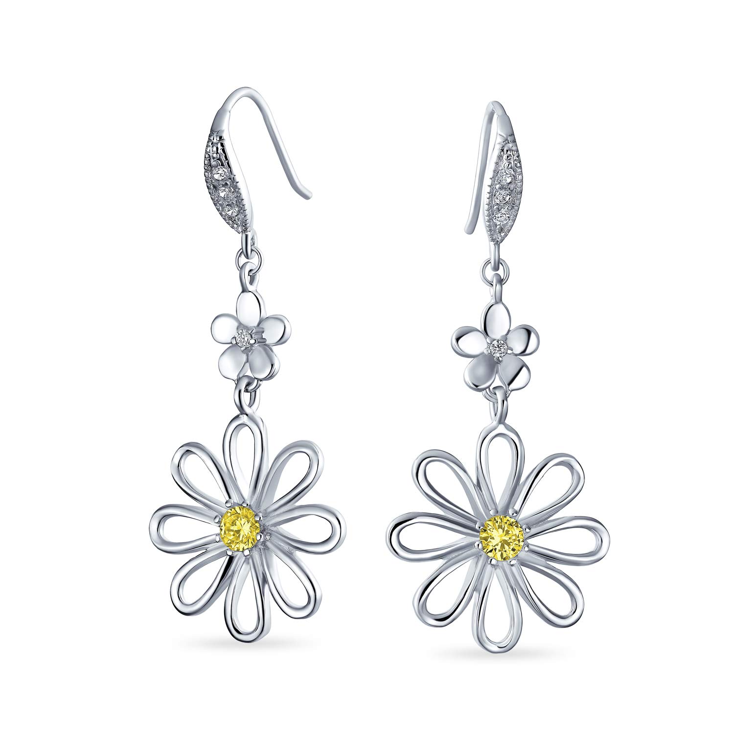 Floral Garden Wedding Canary Yellow Cubic Zirconia Accent Open Flower Shape CZ Daisy Dangle Earrings For Women French Wire Silver Plated