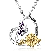 Palpitate Bee Butterfly Sunflower Necklace 925 Sterling Silver for Women,Cute Animal Birth Flower Pendant Jewelry Birthday Christmas Gifts for Wife Mom Girlfriend Friend Her