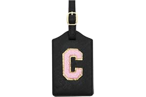 CHOIEO Initial Luggage Tag, PU Leather Luggage Tag, Embroidered Luggage Tag, Letter Luggage Tag, Monogrammed Luggage Tag, Luggage Tag for Baggage Bag Suitcase (C, Black Leather+Pink Letter)