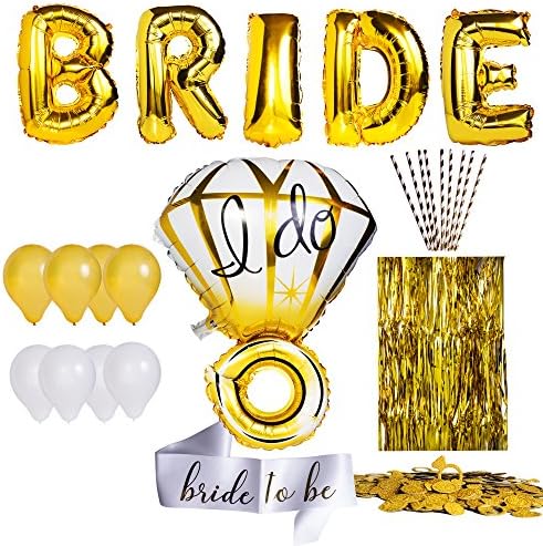 Bachelorette Party Decorations &amp; Bridal Shower Decorations kit| Diamond Ring &amp; BRIDE Foil Balloons, Bride to be Sash, Gold Foil Fringe Curtain, 8 Latex Balloons, Rings Confetti + Gold/White Straws