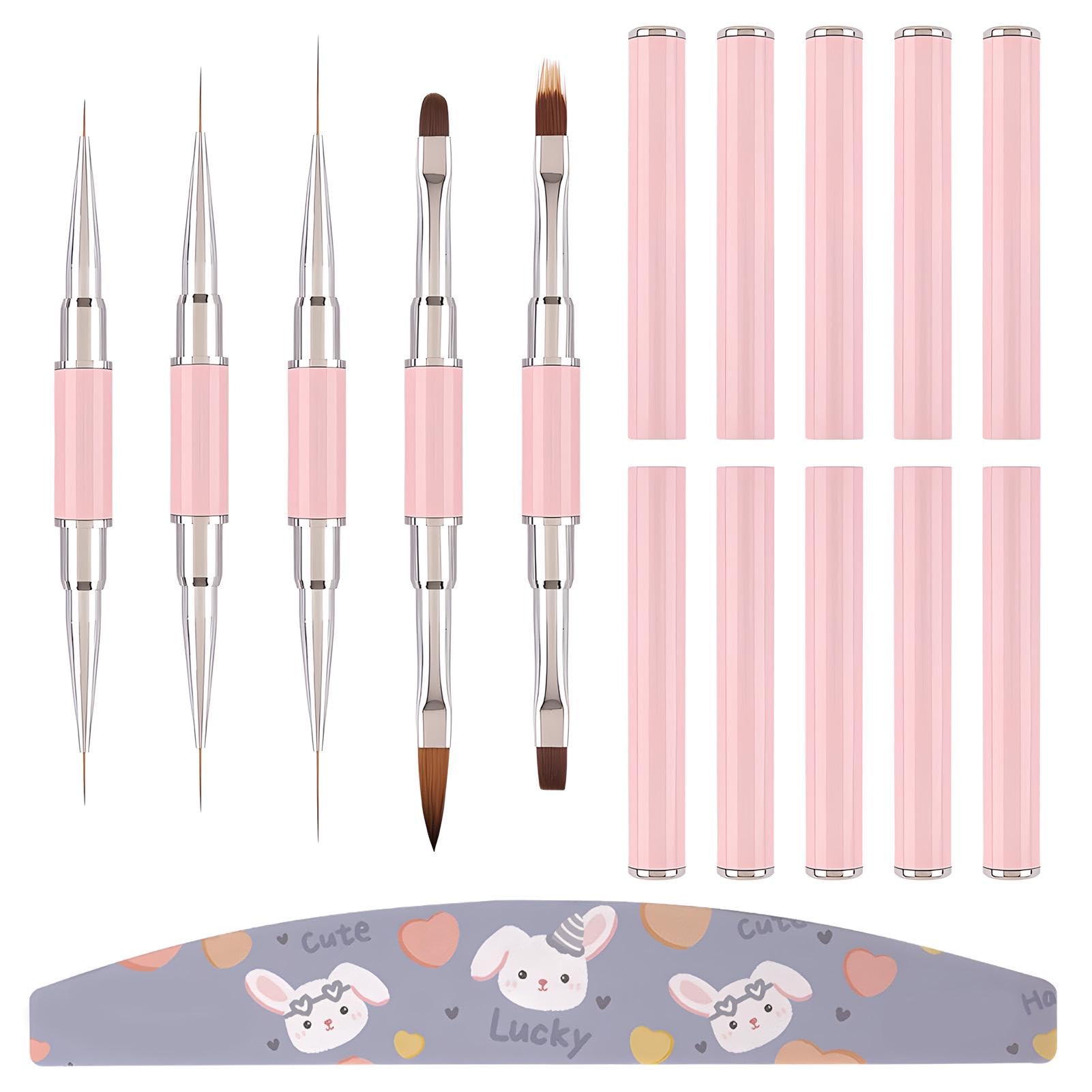 6Pcs Nail Art Brush Set With File Manicure Tool Double Ended Soft Bristles Nail Pen Designer Nail Art Painting Kit for DIY & Professional Use(COLOR:pink)