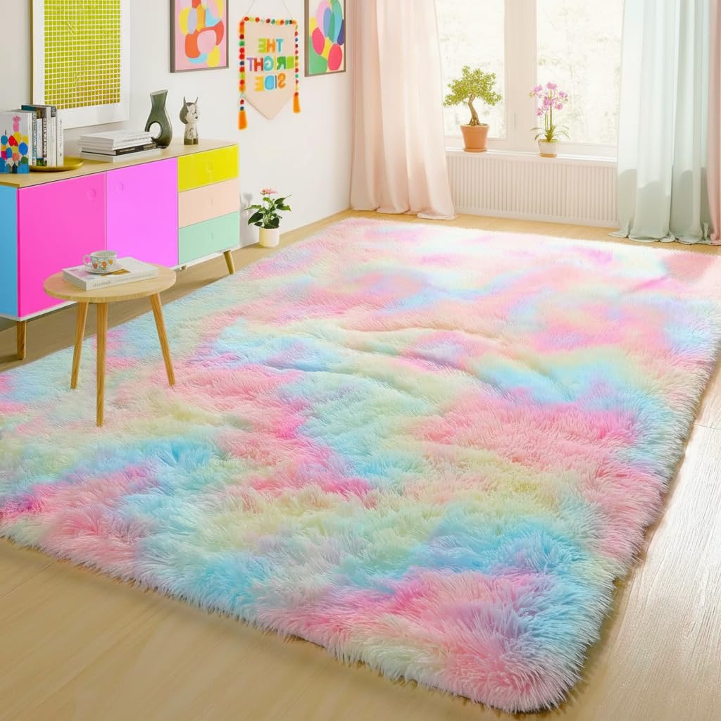 Aspire Homeware Rugs Living Room - Rainbow Area Rugs for Bedroom (80x150cm) Anti Slip - Modern Super Soft Thick Pile Fluffy Shaggy Rug Non Shedding