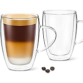 DLux Espresso Coffee Cups 350ml, 12oz Latte Clear Glass Set of 2 Cups with Handles, Double Wall Insulated Borosilicate Glassw