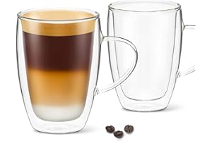 DLux Espresso Coffee Cups 350ml, 12oz Latte Clear Glass Set of 2 Cups with Handles, Double Wall Insulated Borosilicate Glassw