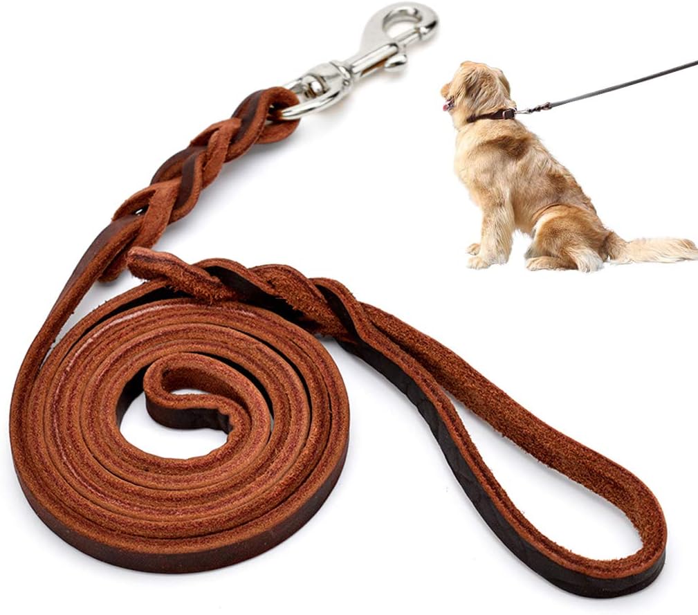 Genuine Cow Leather with White Iron Hook Dog Leash Long for Large Size Dogs Pets Running and Walking Leash Durable and Adjustable (Brown)