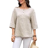 vinglam Women's 100% Linen Shirt Henley Neck Top T-Shirt Summer