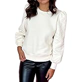 KevaMolly Womens Long Sleeve Tops Solid Puff Sleeve Round Neck Pullover Sweatshirt Casual Pullover Tops