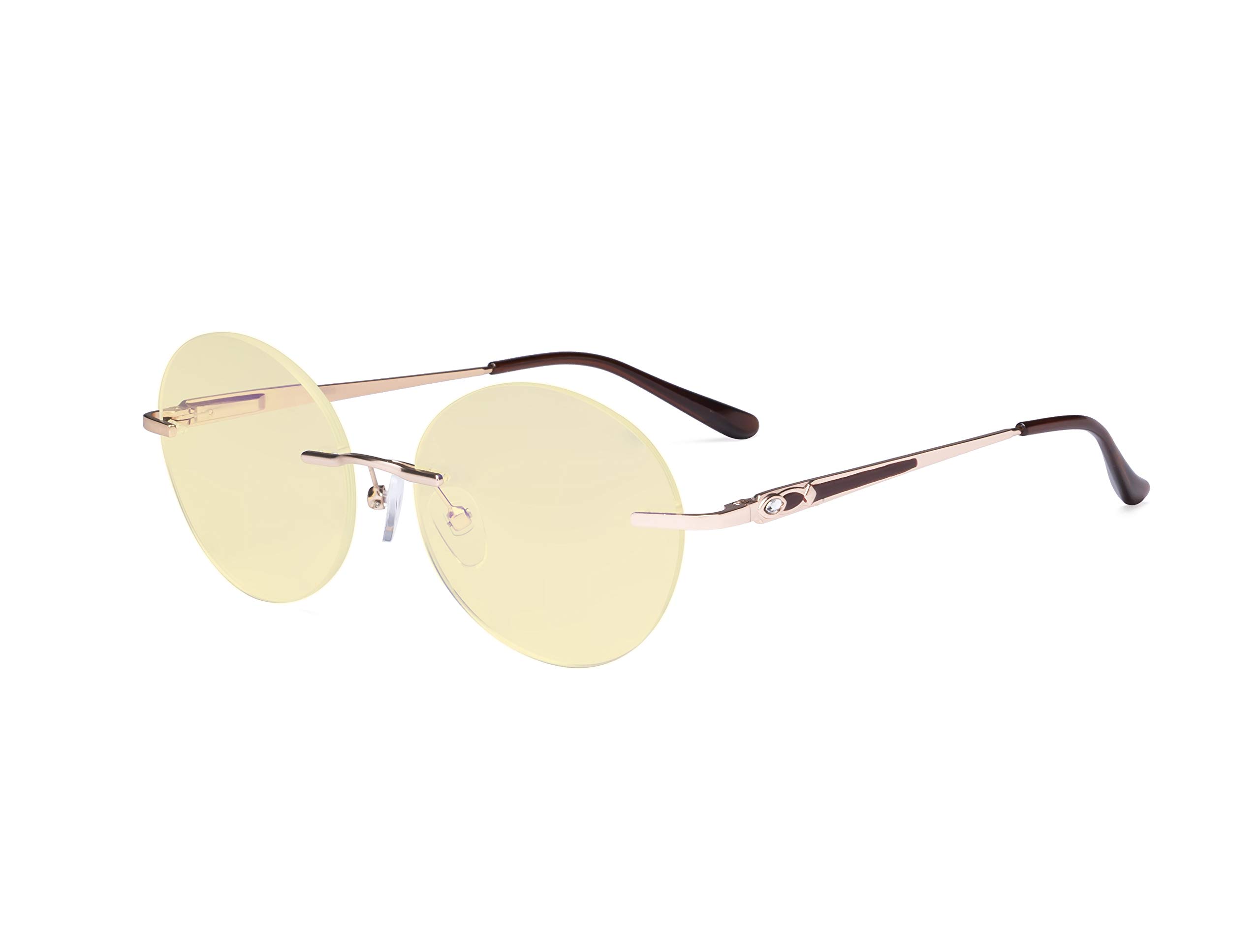 Eyekepper Round Rimless Blue Light Glasses - Ladies Computer Eyeglasses with Yellow Tint Filter Lens for Women Anti Screen Glare Blocking Digital UV Rays - Gold