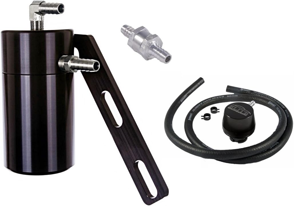 Elite Engineering Standard PCV Oil Catch Can & Hardware with Nickel Hose Barb Fittings, Check Valve & Clamps, Clean Side Separator for 2012+ Camaro ZL1 - BLACK
