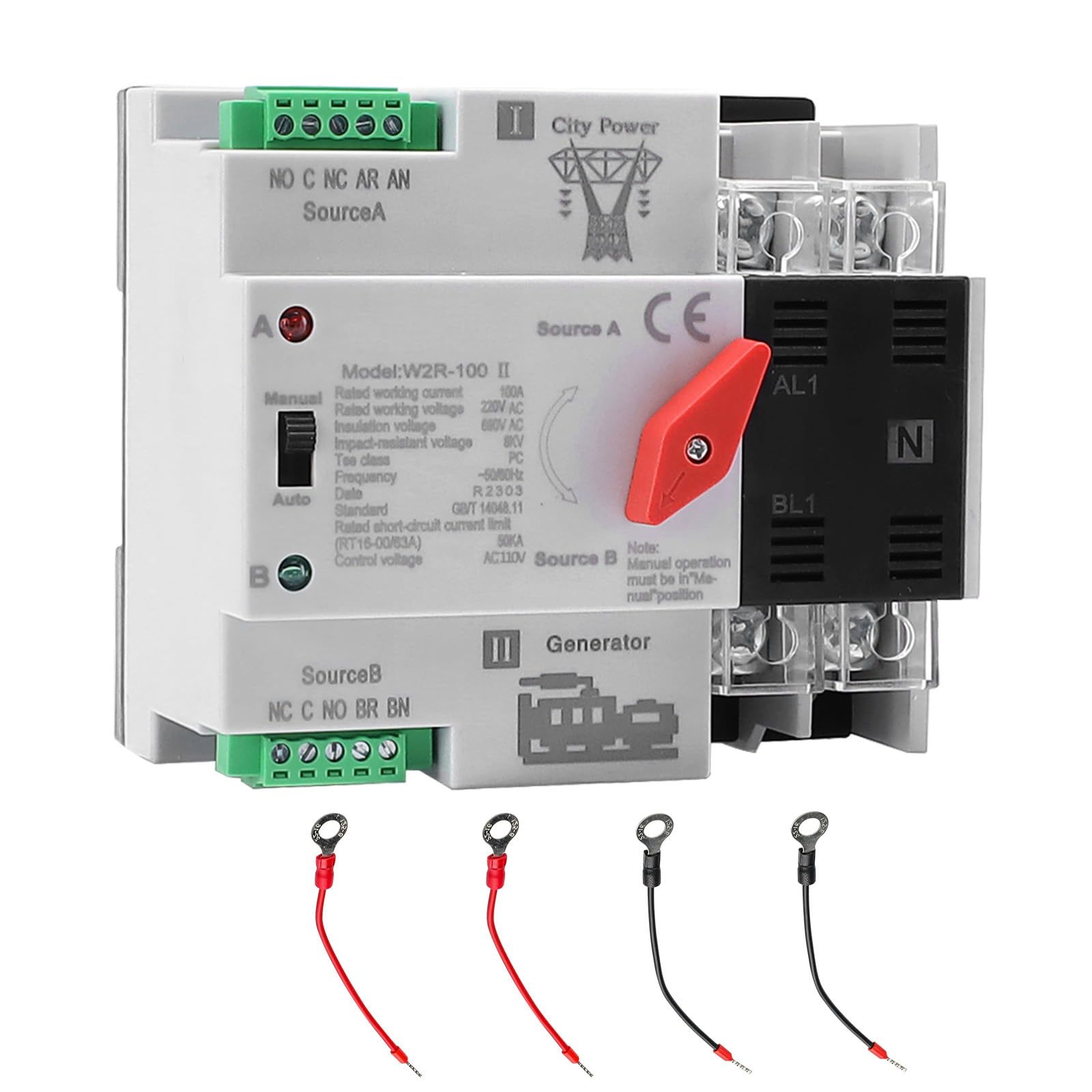 Photo 1 of 100Amp 110V Automatic/Manual Transfer Switch, Mini ATS 2Pole W2R Solar Auto Dual Power Changeover Switch for Home Generator, Din Rail Mounted 50/60Hz CE Certified for Rv, Lv, Cn Public/Backup Power