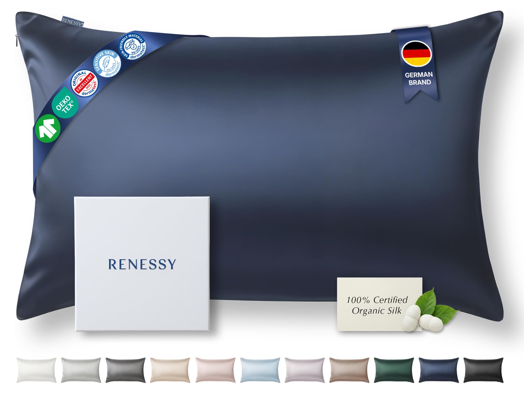 RENESSY Premium Silk Pillowcase 100% Organic Mulberry Silk, 22 Momme, Grade 6A - Oeko-Tex Certified in Germany - Luxury for Hair & Skin, 1 Piece (Standard 50x75 cm, Navy Blue) โ image 1