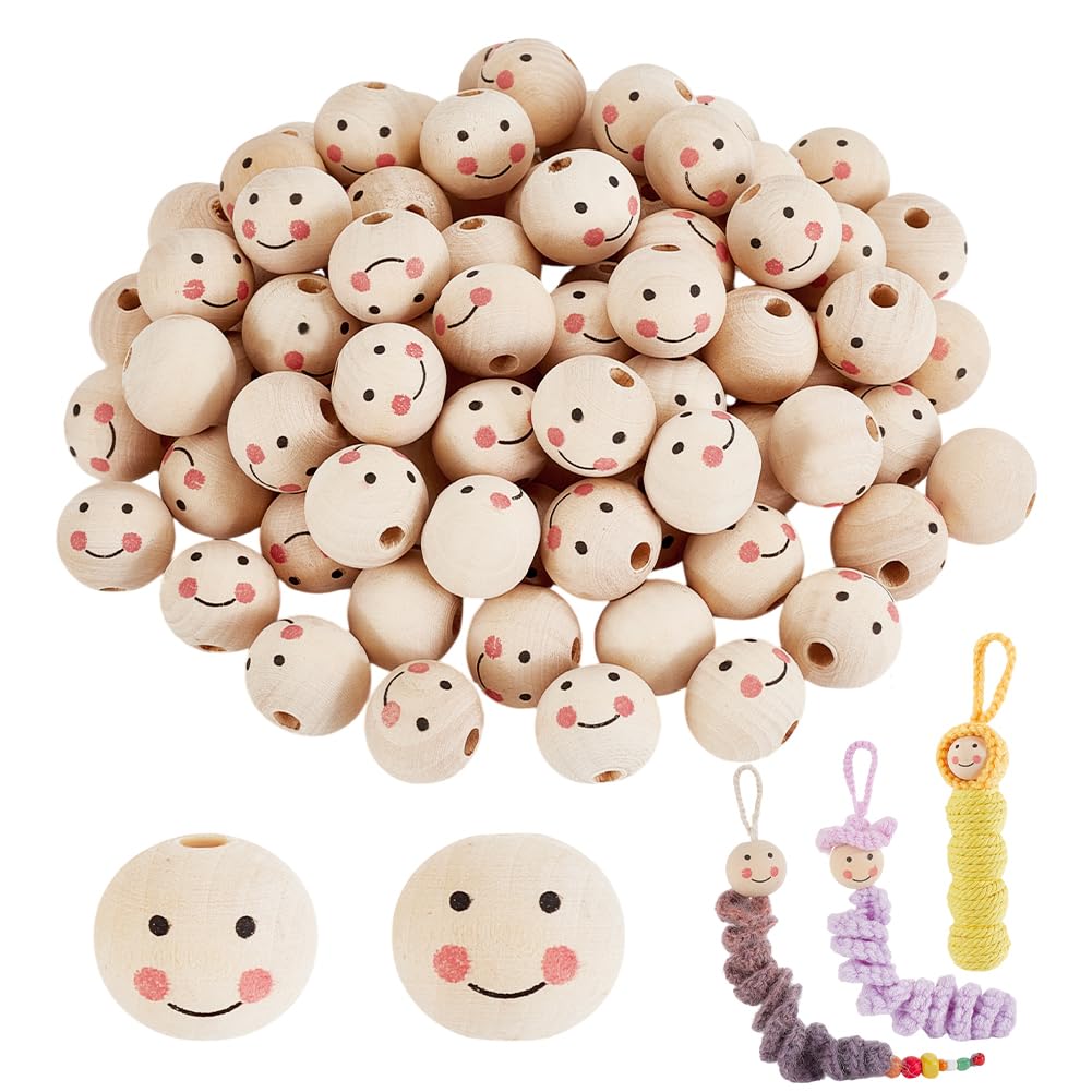 PandaHall 100pcs Natural PapayaWhip Color Smile Face Ball Wood Beads Spacer Beads for DIY Jewellery Bracelet Necklace Making