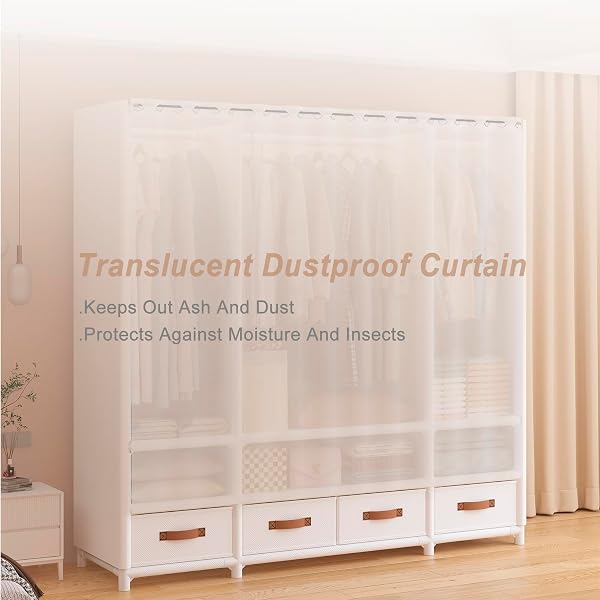 WEALTHYHEART PORTABLE CLOSET,WARDROBE,HEAVY DUTY CLOTHES RACK WITH COVER,JAPANESE STYLE GARMENT RACK WITH 2 HANGING RODS,6 STORAGE SHELVES,43.3″ L X 17.7″ W X 65.1″ H,WHITE