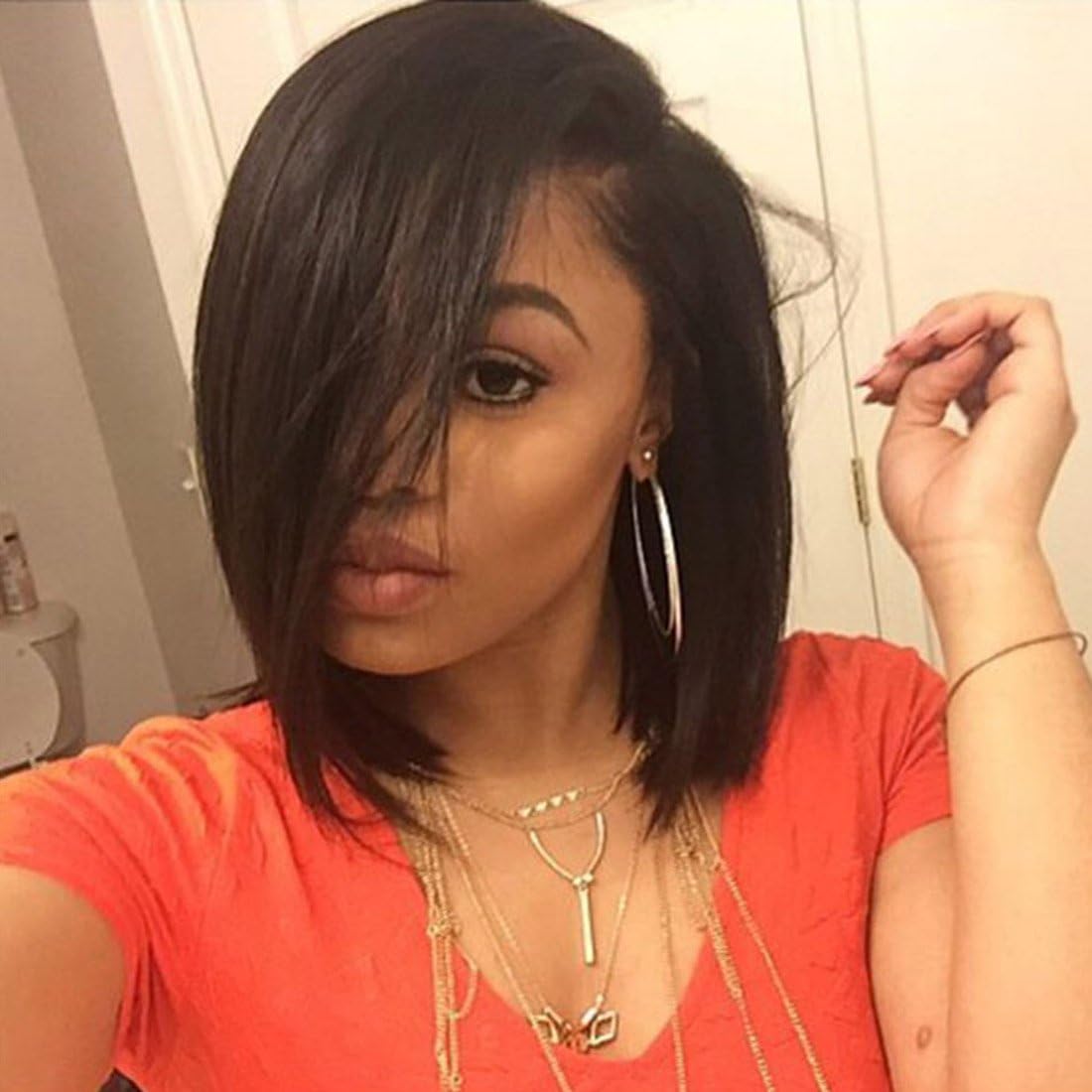 Doren U Part Wig Human Hair Wigs for Black Women Short Bob Straight 150% Density Left Part 1x4 Opening Size Natural Color 8 Inches