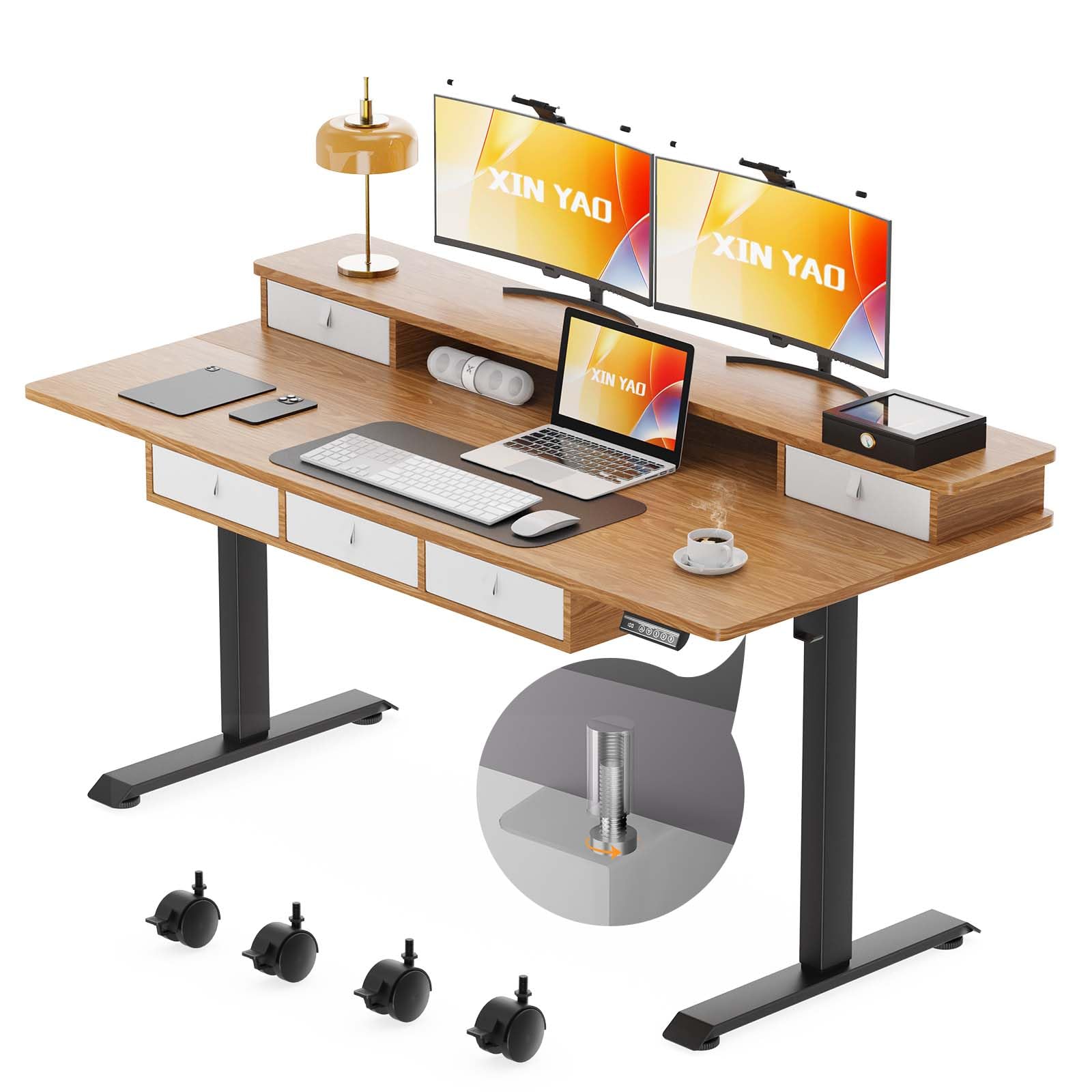 Photo 1 of XINYAO Electric Standing Desk with 5 Drawers, 63x30 Inch Extra Wide Height Adjustable Sit Stand Up Desk with Storage Support 290lbs Ergonomic Rising Table with Wheels for Home Office