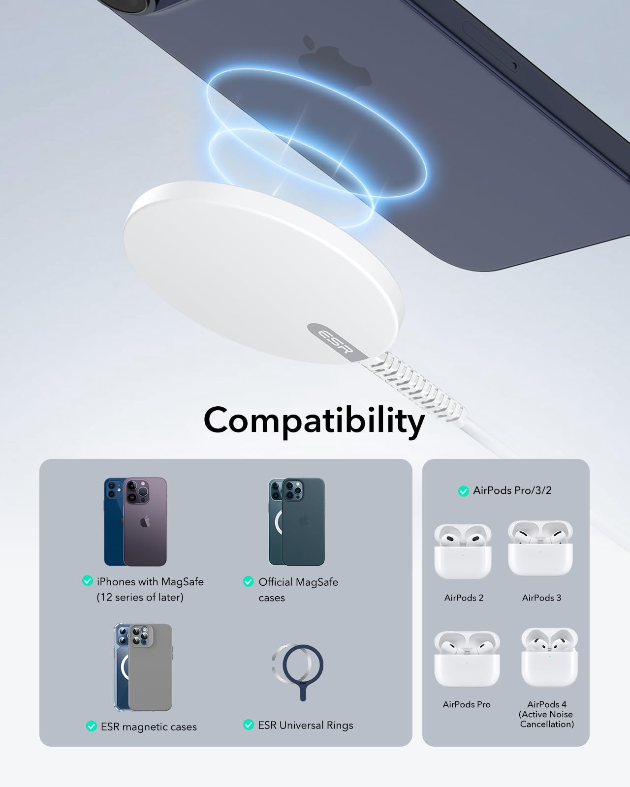 ESR für Magsafe Ladegerät, Wireless Charger für iPhone 17/17e/16/15/14/13/12 Series, AirPods 4/3/2 Pro, Samsung S26 Series, Induktive Ladestation mit 1,5m Verstärktem Nylonkabel, Weiß(Ohne Netzteil) 7