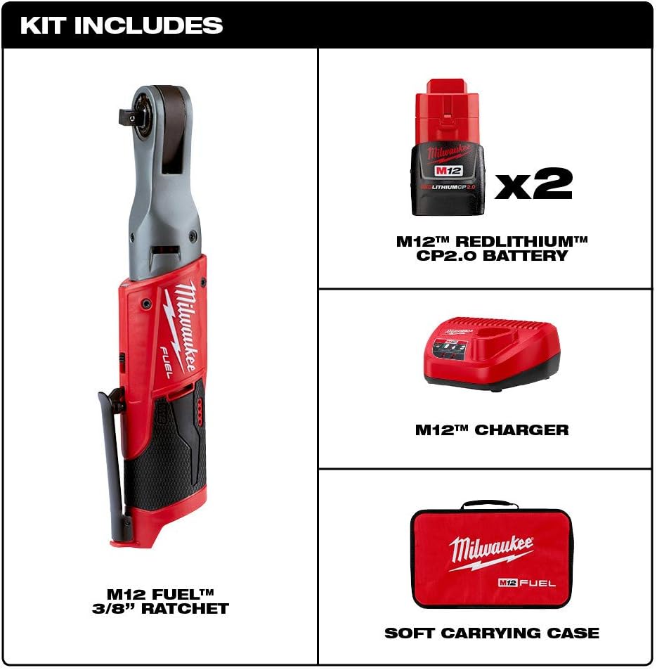 Milwaukee 2557-22 M12 FUEL 12-Volt Lithium-Ion Brushless Cordless 3/8 in. Ratchet Kit W/ (2) 2.0Ah Batteries, Charger and Tool Bag: Automotive
