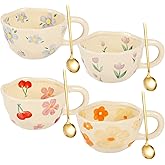 Homaisson Set of 4 Flower Ceramic Coffee Mugs, 8 OZ Floral Tea Cup Set with Spoons, Cute Cappuccino Cups Set, Porcelain Espresso Cups for Mocha Latte, Dishwasher Microwave Safe