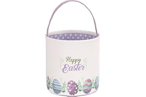 LessMo Easter Bunny Basket Egg Buckets Gifts Tote Bags, Canvas Cotton Purple Cute Personalized Egg Hunt Basket Stuffers for Easter Party