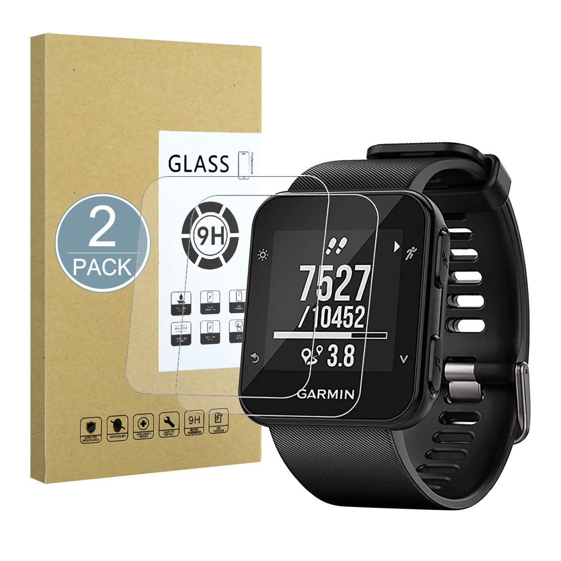 E-Hamii [2-Pack Screen Protector Compatible with Garmin Forerunner 35,9H Tempered Glass Protective,2.5D Double Defense Series Premium Protect Film,[Anti-fingerprint and Anti-Scratch][Bubble-Free]