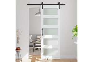 COSHOMER 30in x 84in 5-Panel Sliding Glass Barn Door with 5ft Hardware Kit Included, Easy Assembly with Pre-Drilled Holes, Waterproof, Frosted Glass for Bathroom-Fit Max Opening 28in x 82in, White