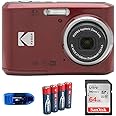 KODAK Pixpro FZ45 Digital Camera Bundle, Includes: SanDisk 64GB SDXC Memory Card, Spare Batteries and Card Reader (4 Items) (Red)