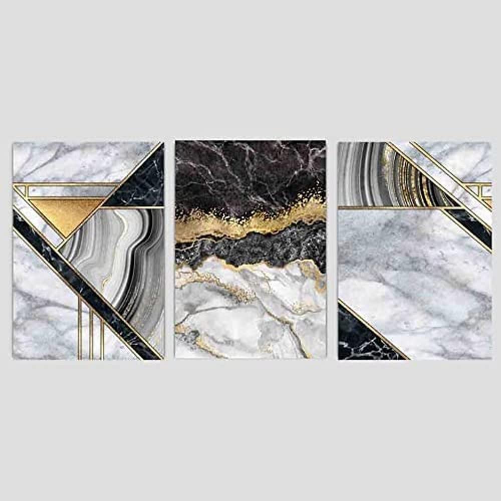 Artze Wall Art Geometric Wall Art Prints 3-Piece Set, A3 Size, Black Marble/Gold
