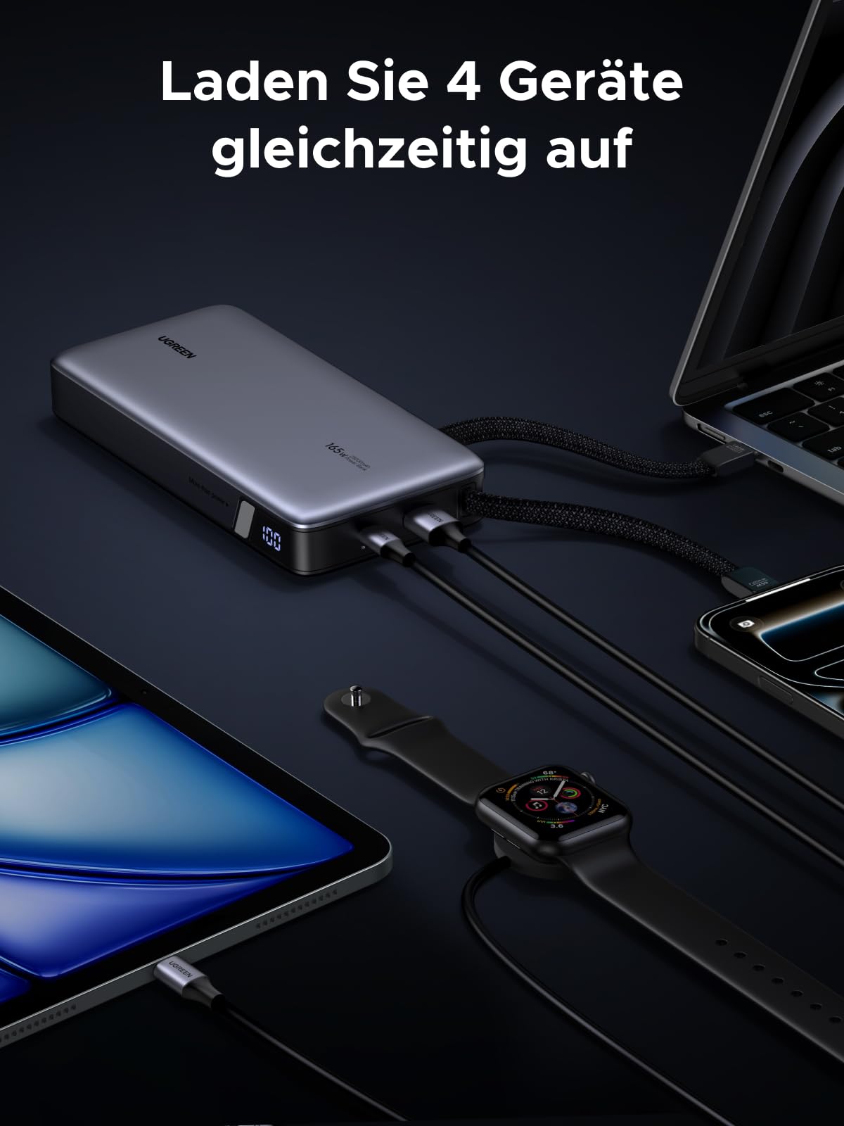 UGREEN Nexode Power Bank, 25000mAh 165W Schnellladen mit 2 Integrierten USB-C Kabeln (140W PD3.1), Kompatibel mit MacBook Pro 16",Dell XPS, iPad Pro, Steam Deck, Galaxy S25 Ultra, iPhone 17 8