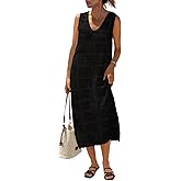 Fisoew Womens Crochet Sleeveless Dress Casual Summer V Neck Boho Knit Cover Up Beach Vacation Midi Tank Dresses