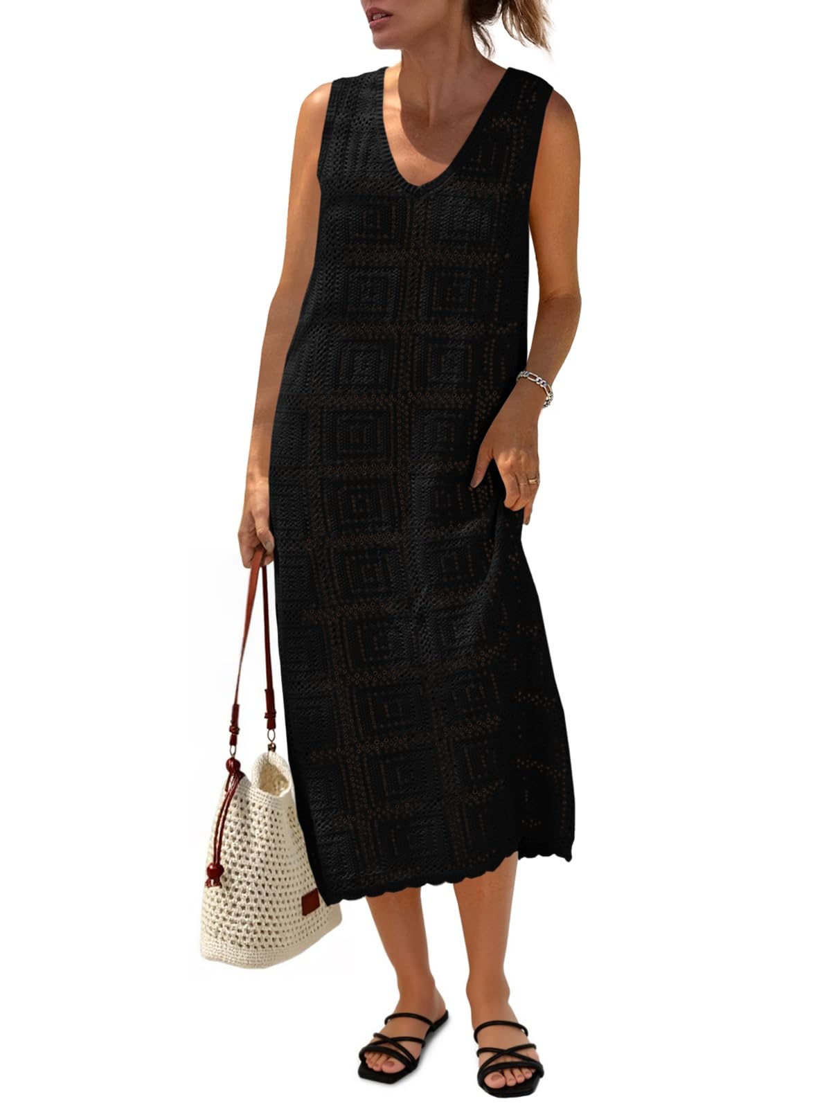 Photo 1 of Fisoew Womens Crochet Sleeveless Dress Casual Summer V Neck Boho Knit Cover Up Beach Vacation Midi Tank Dresses Black