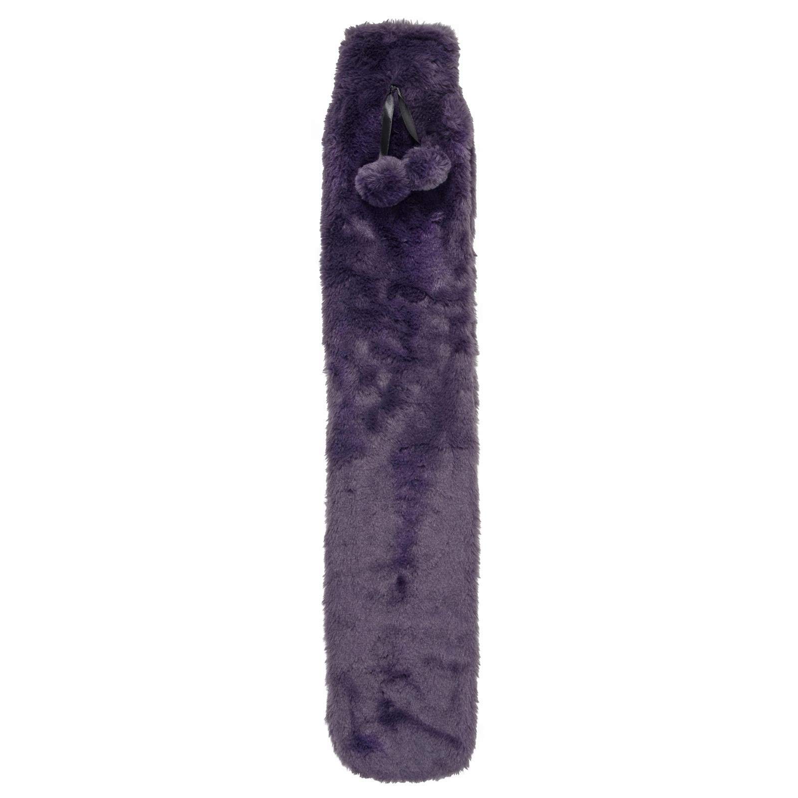 Hodge and Hodge Extra Long Length Hot Water Bottle with Faux Fur Cover & Pom Poms Slim Design for Thermotherapy Muscle Ache Tension Relief Backache Neck Strain Shoulder Pain 72cm - Purple Velvet