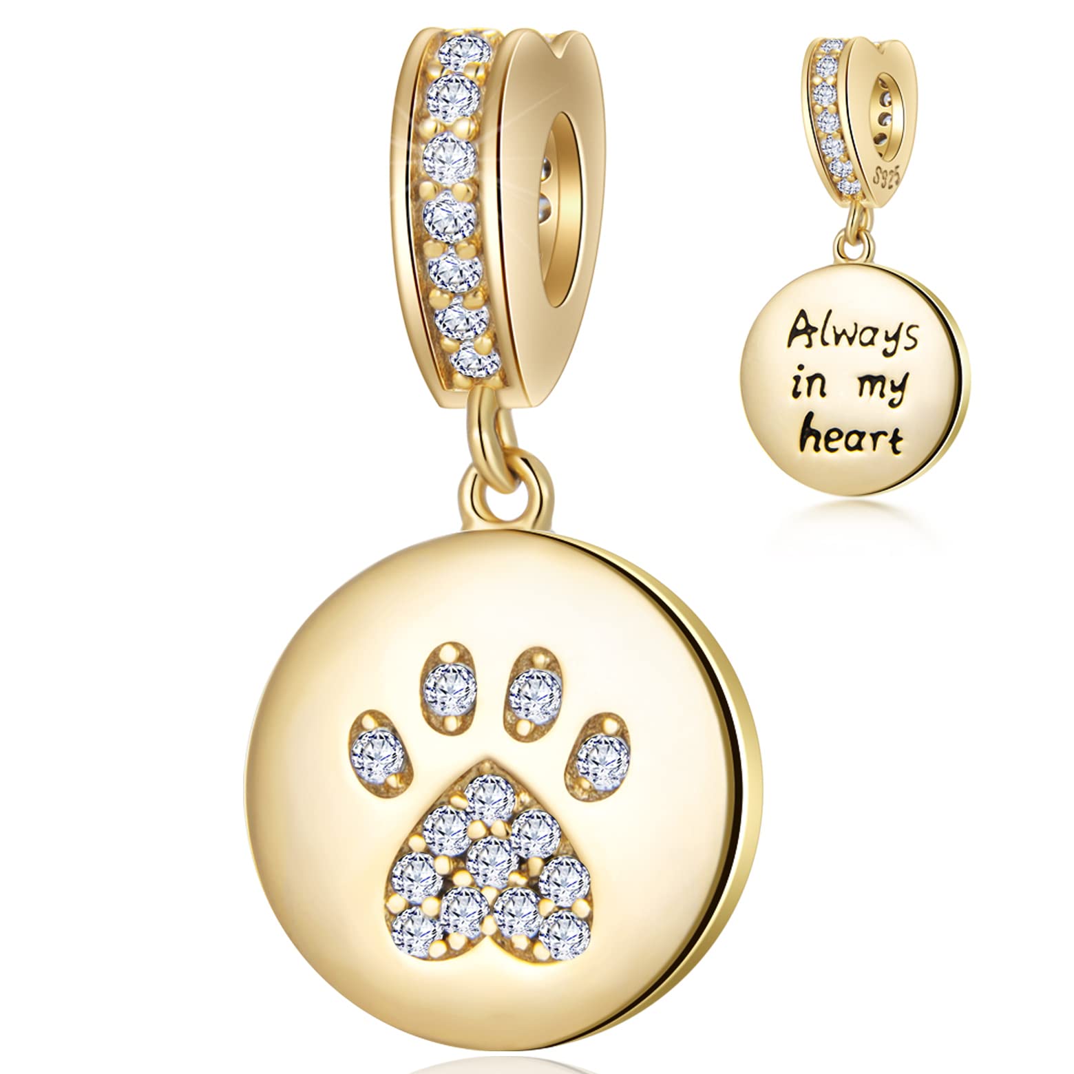 18K Yellow Gold Plated Dog Paw Print Pendant Charms, Fit Pandora Mothers Day Bracelet, Always in My Heart 925 Sterling Silver Pet Footprint CZ Beads, Gift for Mum in Law/Daughter