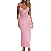 BreathSunny Womens Crochet Sheer Knit Slim Fit Beach Midi Dress Summer 2025 Sexy Halter Backless Slit Bathing Suit Cover Up