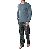KUYIGO Mens Pajamas Set Sleepwear V Neck Long Sleeve Top and Plaid Pants 2 Piece Pjs Loungewear with Pockets