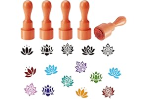 AHANDMAKER 5 Styles Mini Wooden Rubber Stamps, Lotus Flower Patterns Round Handle Stamps Plant Theme Decorative Wooden Stamp 