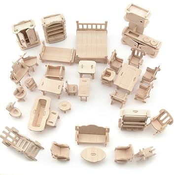 Leoie 34pcs/Set Wooden Stereo DIY Mini Funiture Assembly Model Toys as Gifts for Kids & Adults