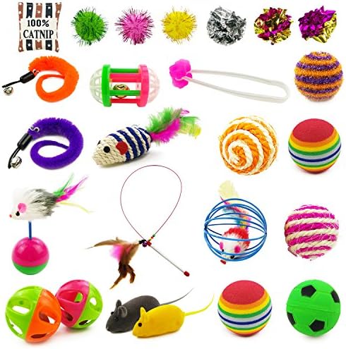 Holicolor 25 Pieces Cat Toys for Kitten Includes Wand, Massager, Balls, Bells, Mice, Catnip Cushion & More (colorful)