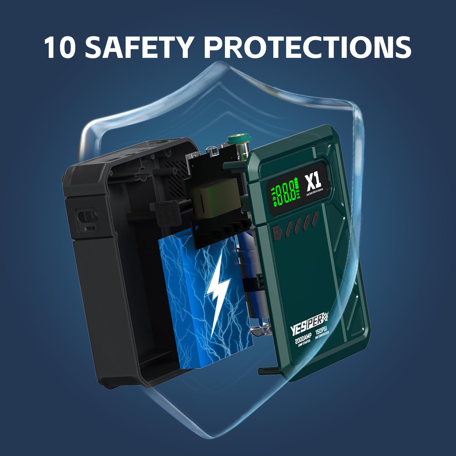 YESPER Jump Starter with Air Compressor 2000A 150PSI Battery Jumper Starter Portable(8L Gas/6L Diesel), 12V Car Jump Pack Battery Charger Jump Box with Jumper Cables, LCD Display, Lights