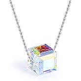 PLATO H Aurora Crystal Necklace in S925 Sterling Silver Women's Cube Pendant Necklace Unique Jewelry Gifts Box for Valentines Mom Gifts for Her Christmas