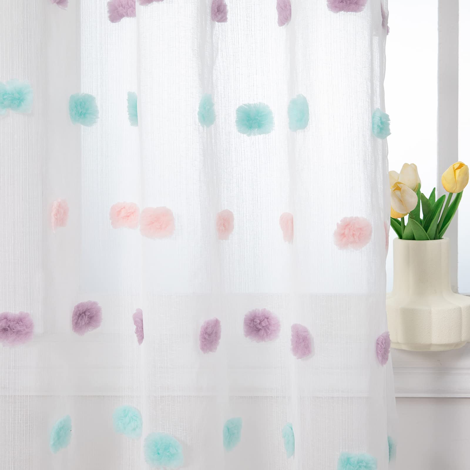 MYSKY HOME Pom Pom Curtains 84 Inch Length for Girls Bedroom 2 Panels Rainbow Curtains 84 Inch Long for Living Room Laundry Kids Nursery Rod Pocket Farmhouse Dining Room Window Drape 37" x 84"