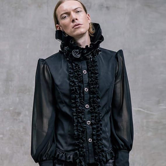 Amazon デビルファッションメンズゴシックシフォン長袖シャツフラワーカラーパーティーウエディングアゲハシャツ Black S シャツ 通販